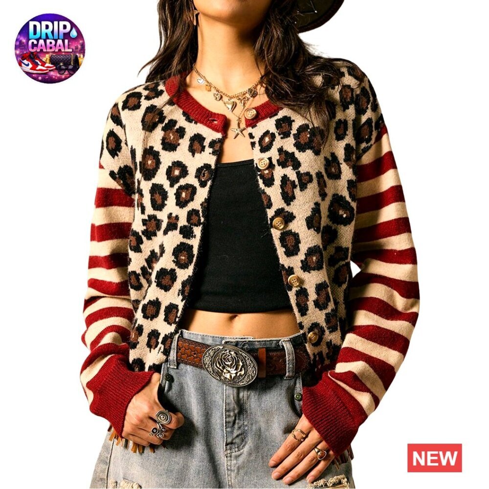 Leopard Print Cardigan Button Down V-Neck Long Sleeve Lightweight Y2K Outwear